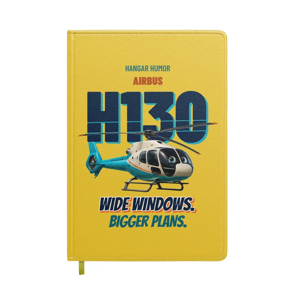 Airbus H130 - Wide windows. Bigger plans. design on yellow notebook