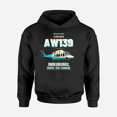 Leonardo AW139 - Twin engines. Triple the charm. design on black hoodie single side