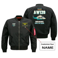 Thumbnail for Leonardo AW139 - Twin engines. Triple the charm. design on black bomber jacket with custom name badge
