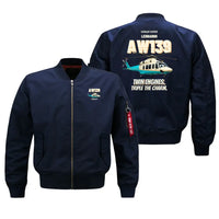 Thumbnail for Leonardo AW139 - Twin engines. Triple the charm. design on blue bomber jacket