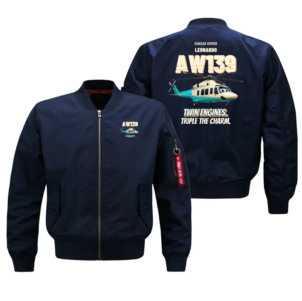 Leonardo AW139 - Twin engines. Triple the charm. design on blue bomber jacket
