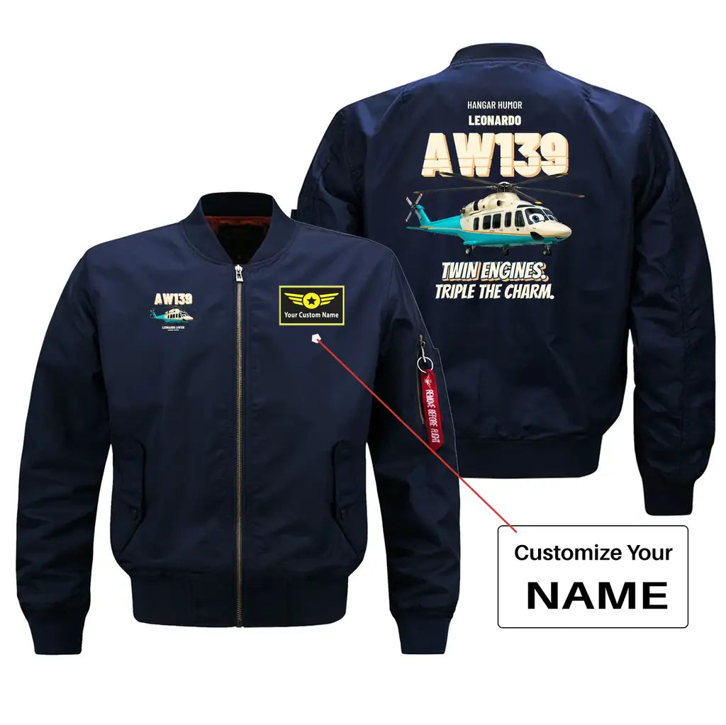 Leonardo AW139 - Twin engines. Triple the charm. design on blue bomber jacket with custom name badge