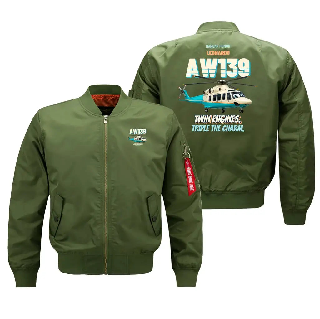 Leonardo AW139 - Twin engines. Triple the charm. design on green bomber jacket