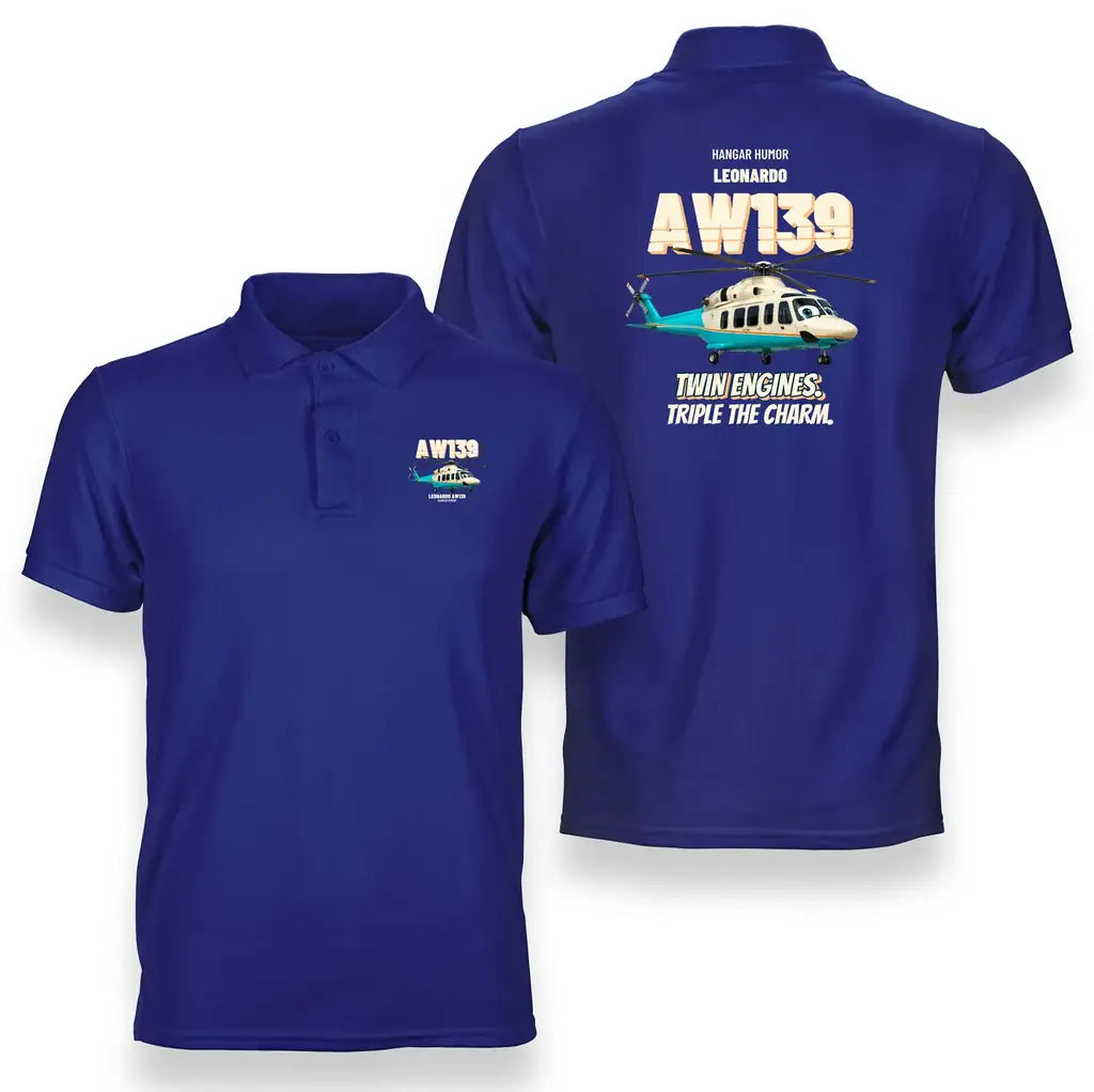 Leonardo AW139 - Twin engines. Triple the charm. design on blue polo t-shirt