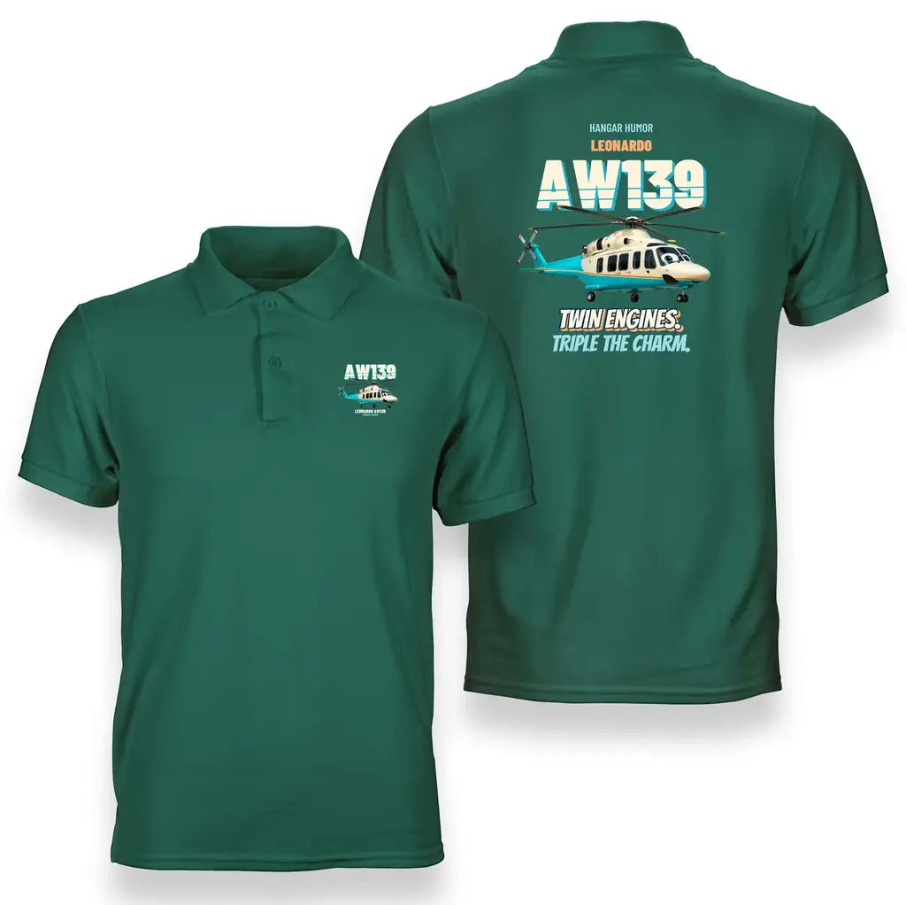 Leonardo AW139 - Twin engines. Triple the charm. design on green polo t-shirt