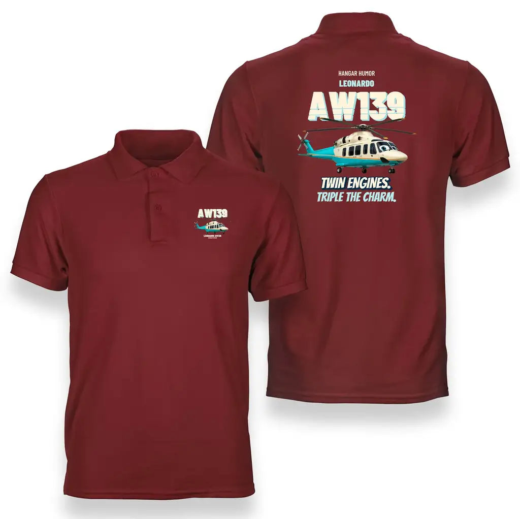Leonardo AW139 - Twin engines. Triple the charm. design on red polo t-shirt