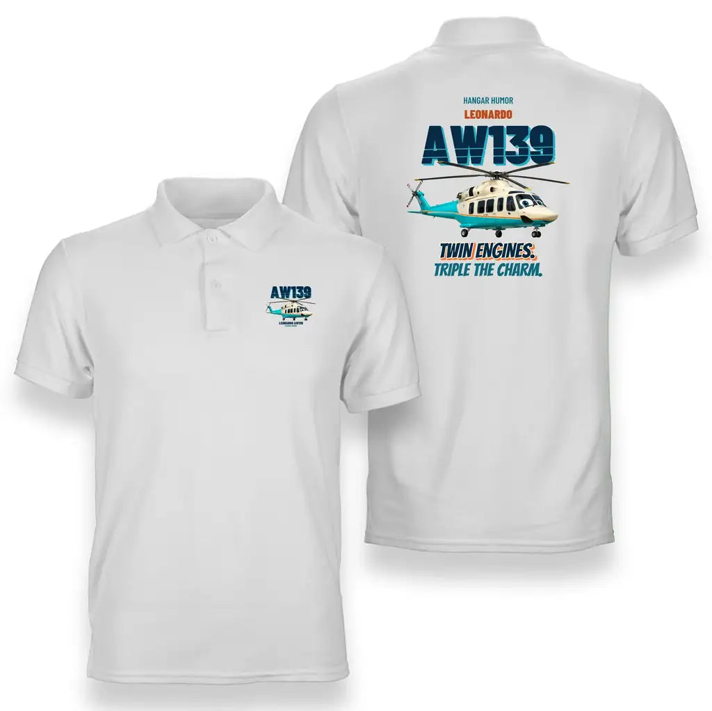 Leonardo AW139 - Twin engines. Triple the charm. design on white polo t-shirt
