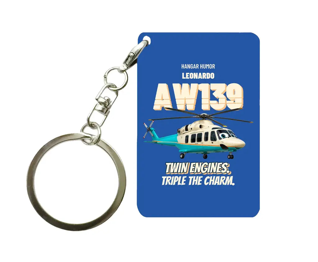 Leonardo AW139 - Twin engines. Triple the charm. design on blue key chain