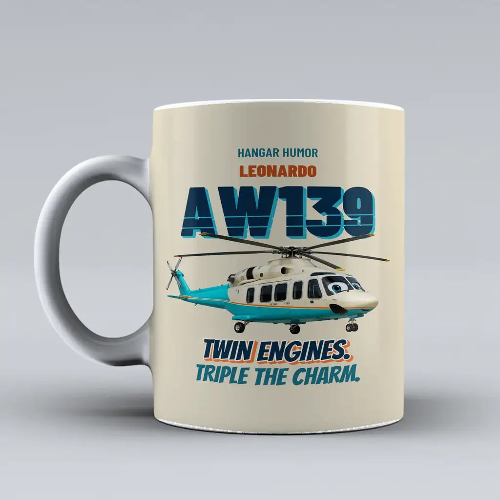 Leonardo AW139 - Twin engines. Triple the charm. design on beige ceramic mug
