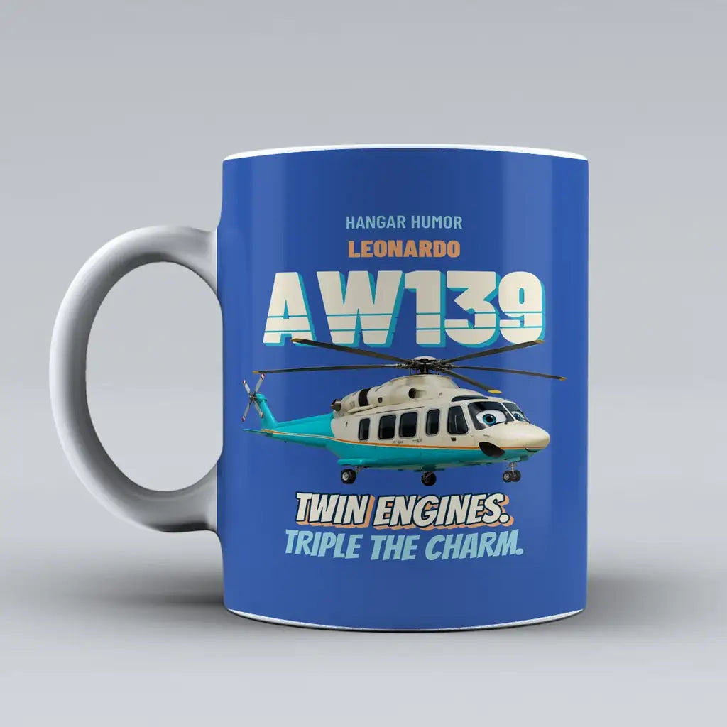 Leonardo AW139 - Twin engines. Triple the charm. design on blue ceramic mug