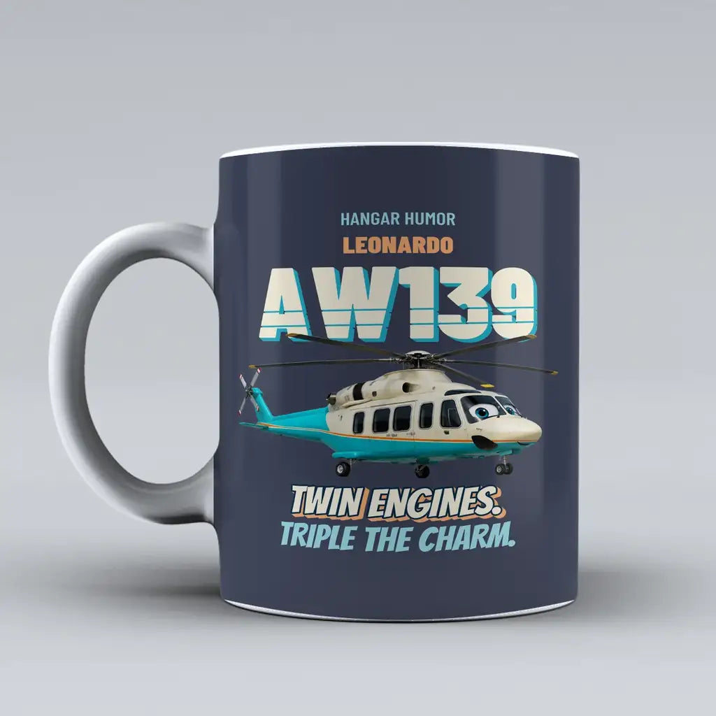 Leonardo AW139 - Twin engines. Triple the charm. design on dark blue ceramic mug