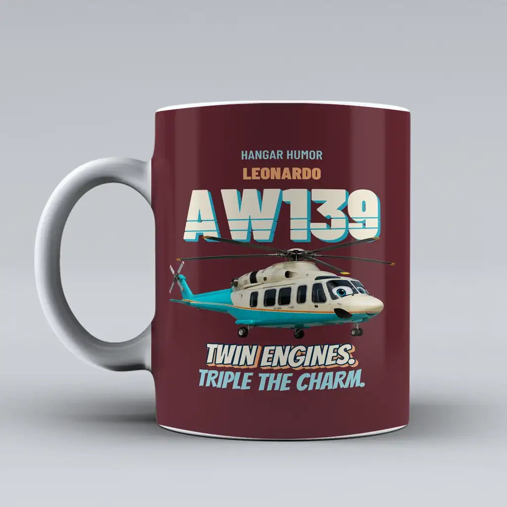 Leonardo AW139 - Twin engines. Triple the charm. design on dark red ceramic mug