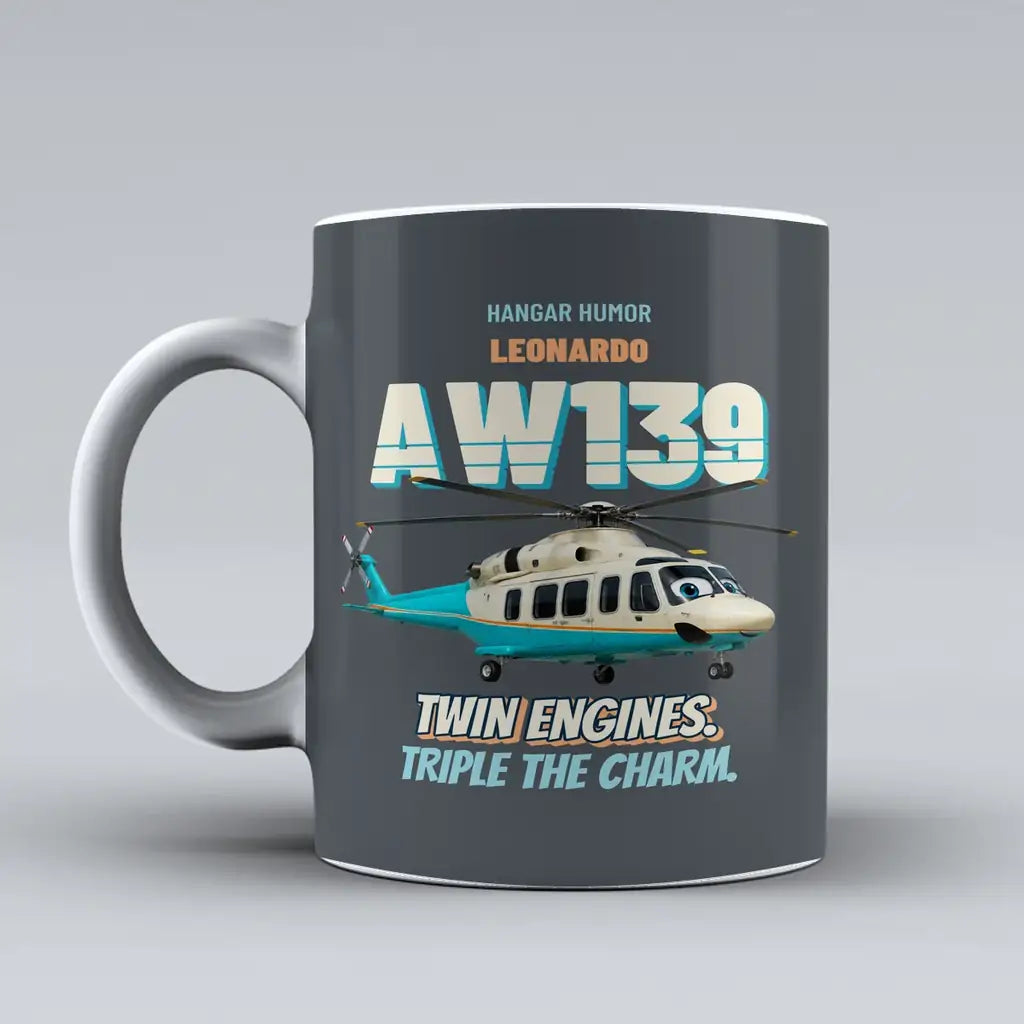 Leonardo AW139 - Twin engines. Triple the charm. design on gray ceramic mug