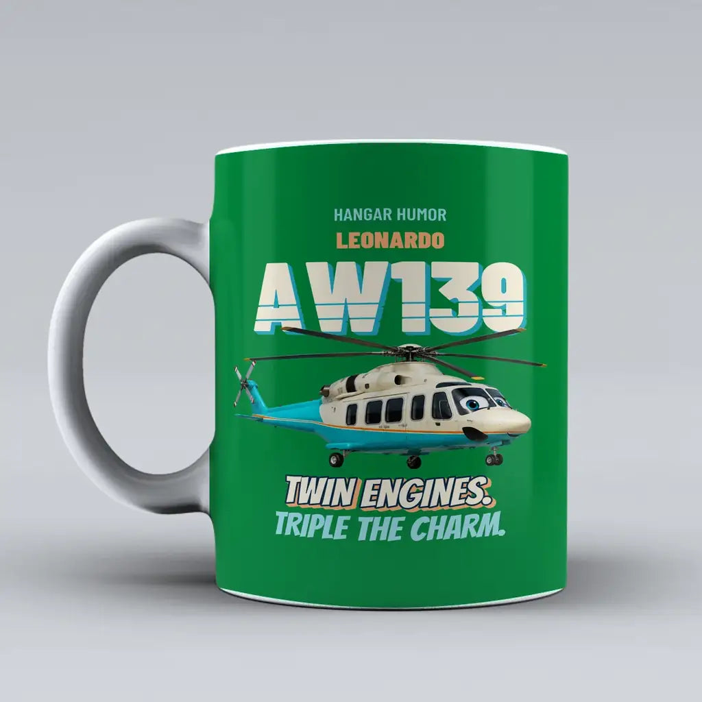 Leonardo AW139 - Twin engines. Triple the charm. design on green ceramic mug