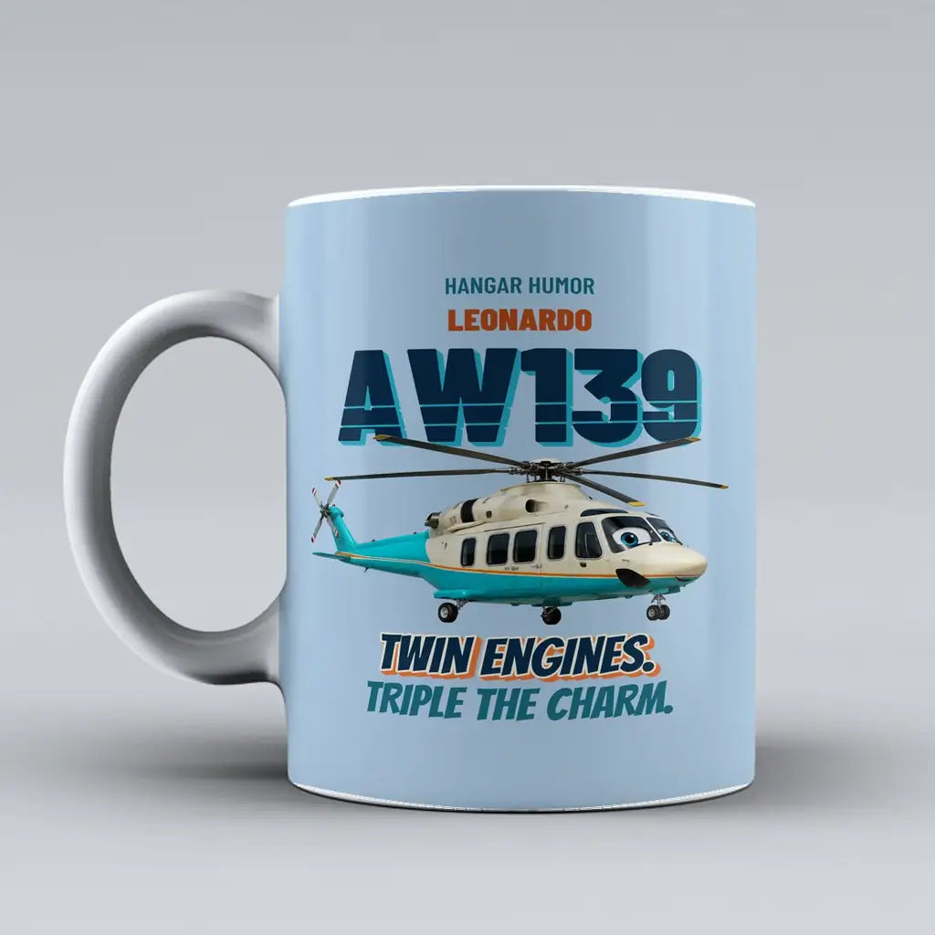 Leonardo AW139 - Twin engines. Triple the charm. design on light blue ceramic mug