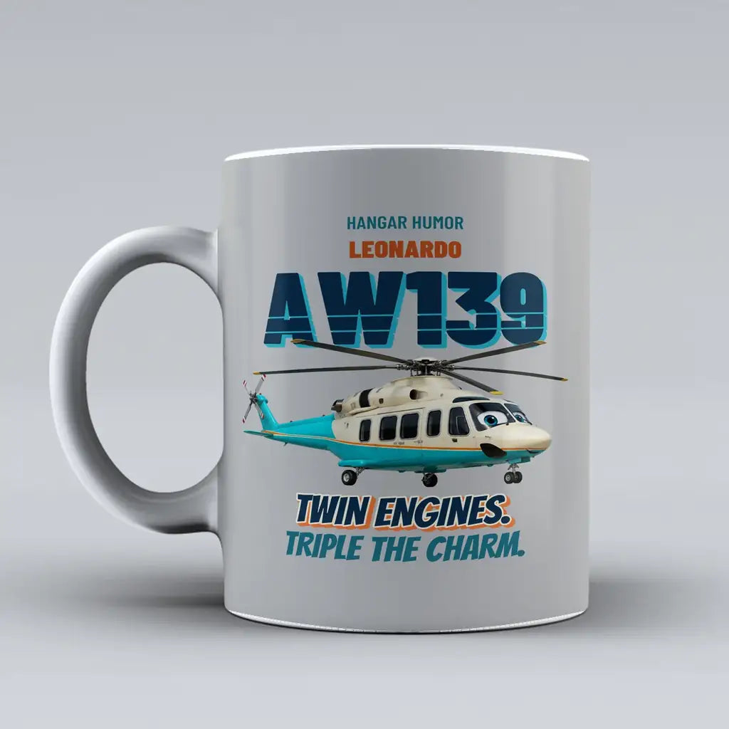 Leonardo AW139 - Twin engines. Triple the charm. design on light gray ceramic mug