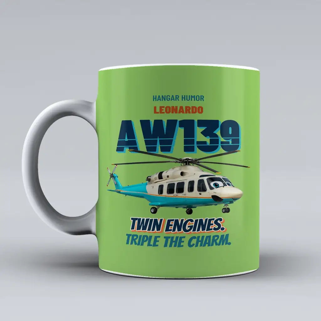 Leonardo AW139 - Twin engines. Triple the charm. design on light green ceramic mug