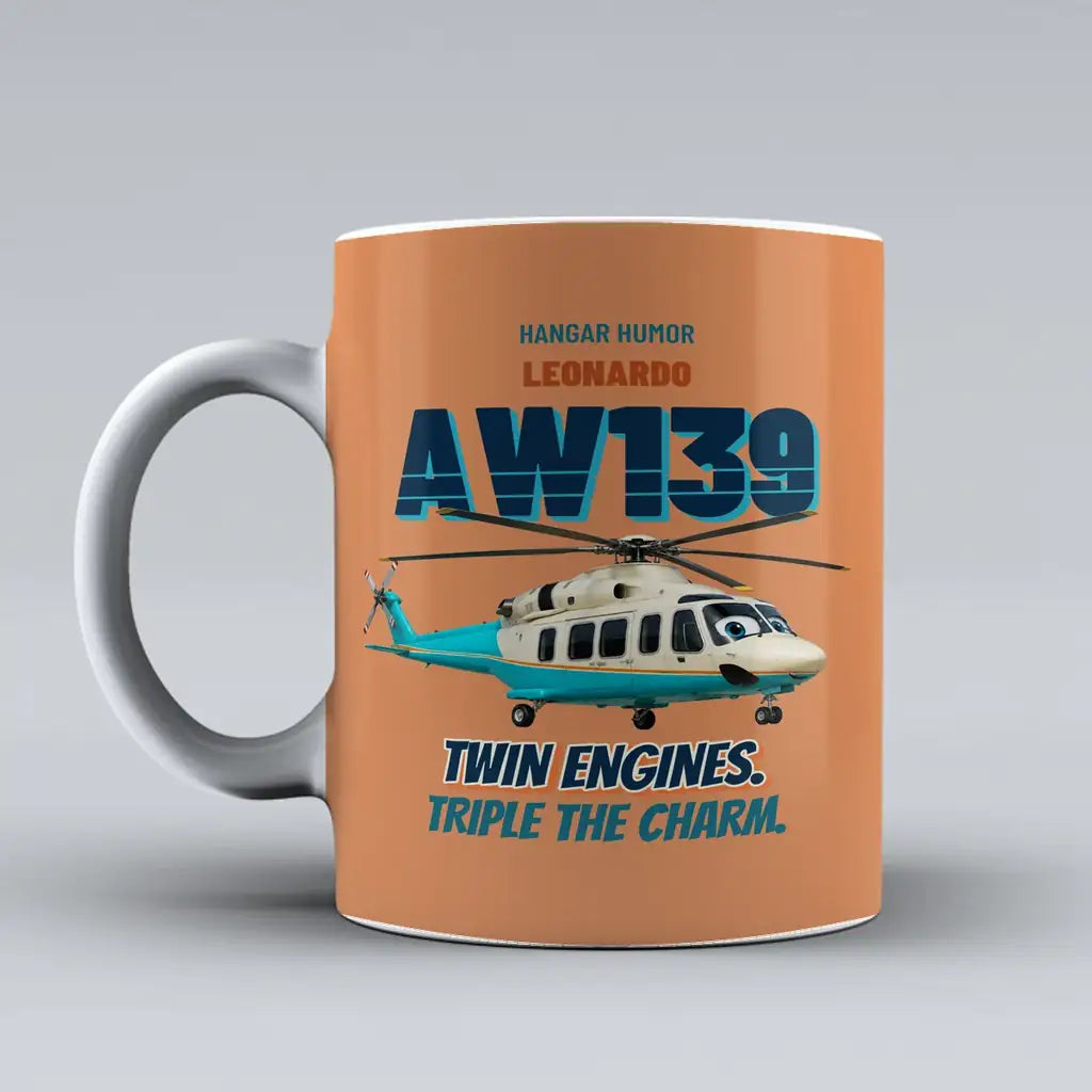 Leonardo AW139 - Twin engines. Triple the charm. design on orange ceramic mug