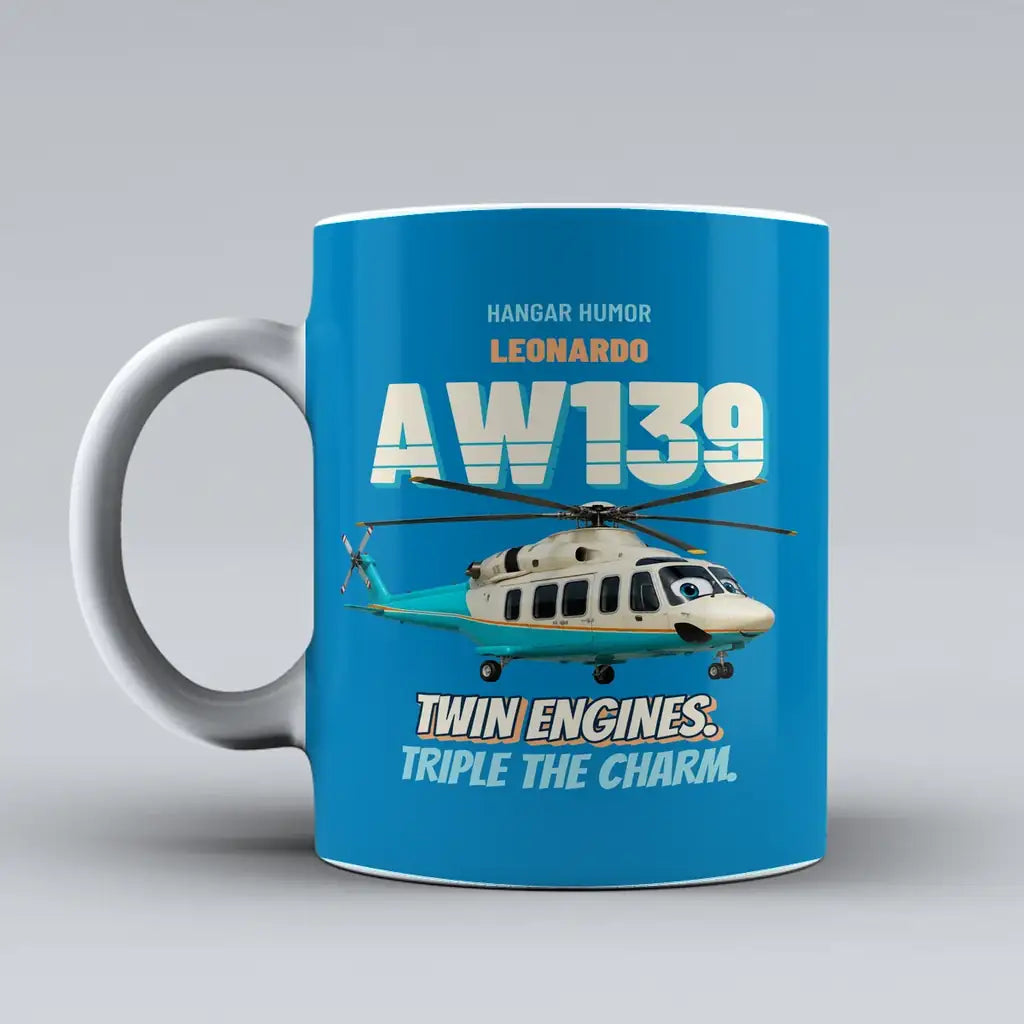 Leonardo AW139 - Twin engines. Triple the charm. design on turquoise ceramic mug