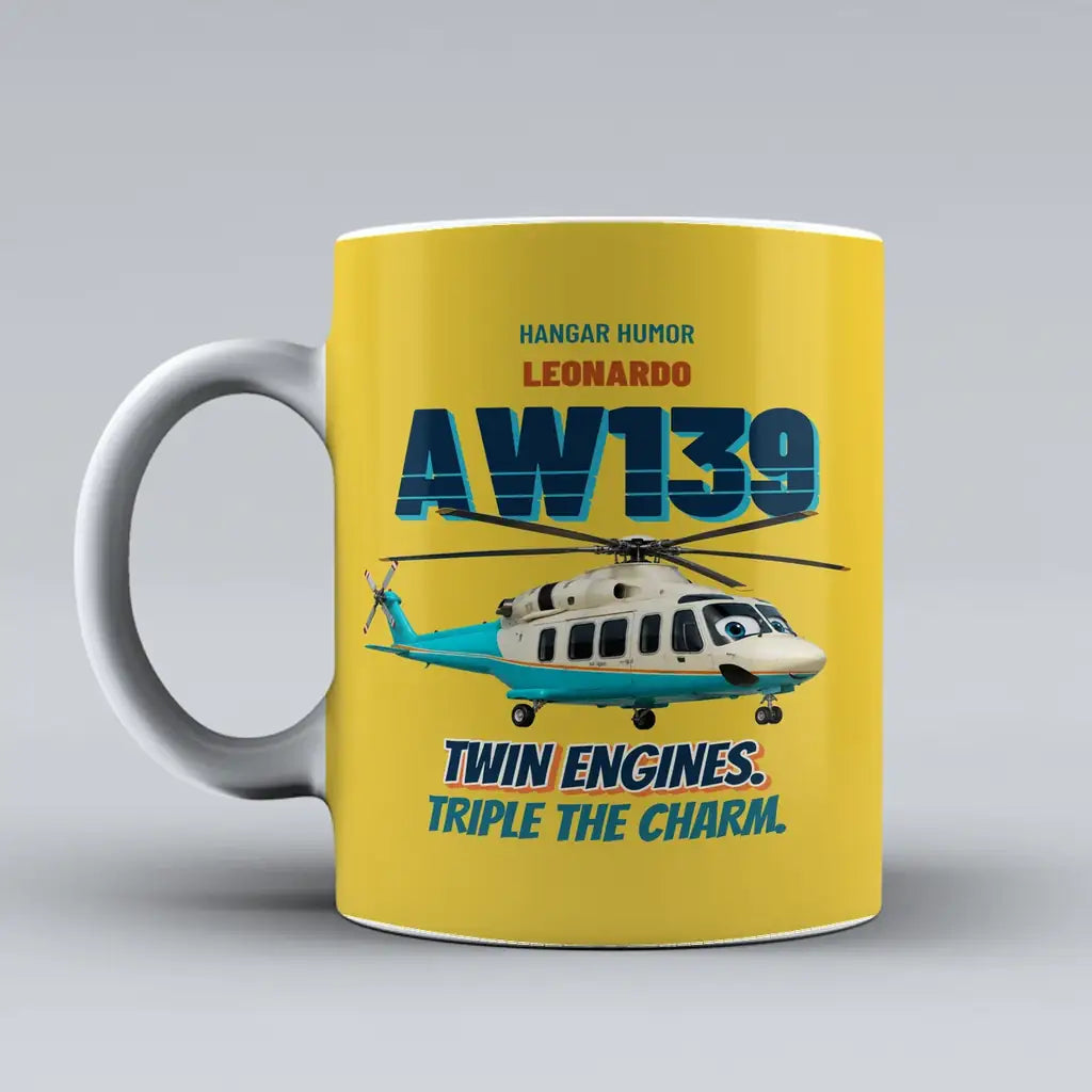 Leonardo AW139 - Twin engines. Triple the charm. design on yellow ceramic mug