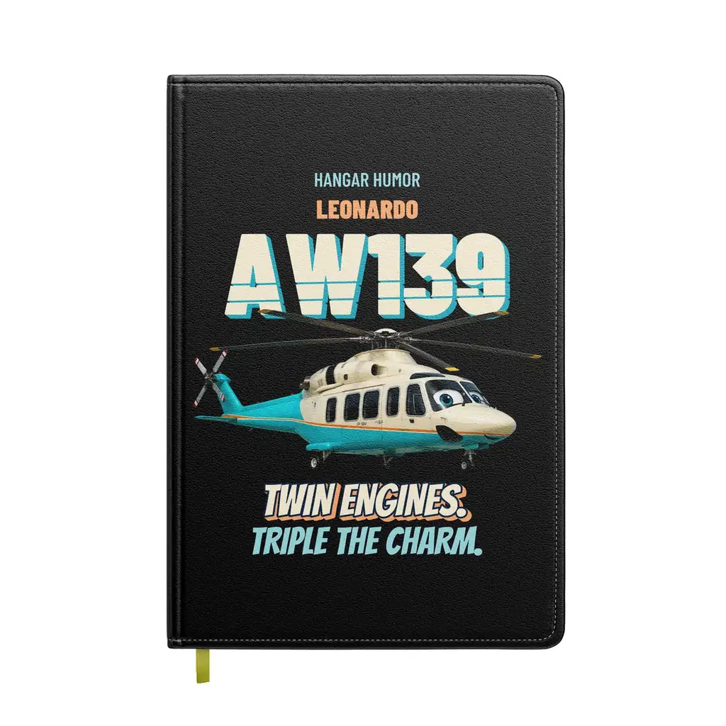 Leonardo AW139 - Twin engines. Triple the charm. design on black notebook