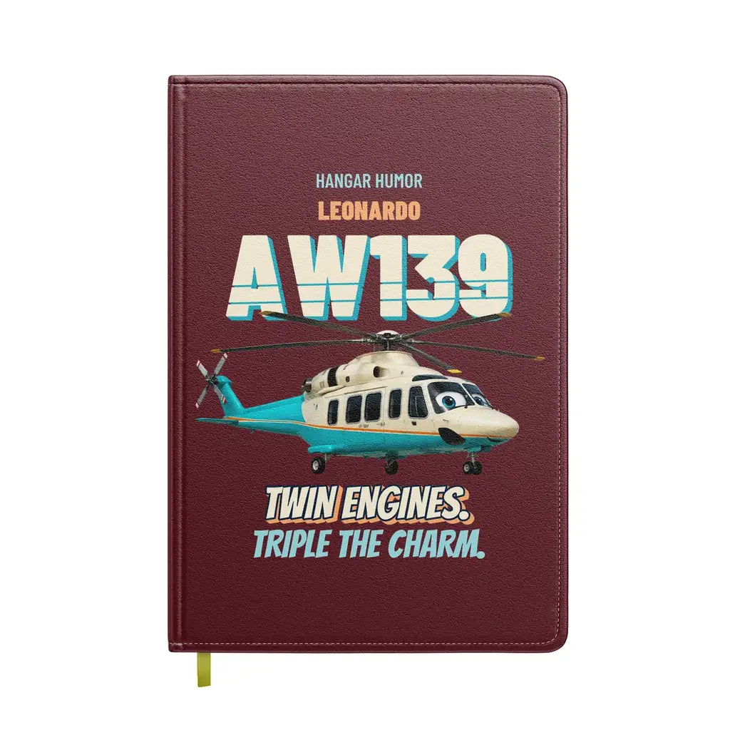 Leonardo AW139 - Twin engines. Triple the charm. design on dark red notebook