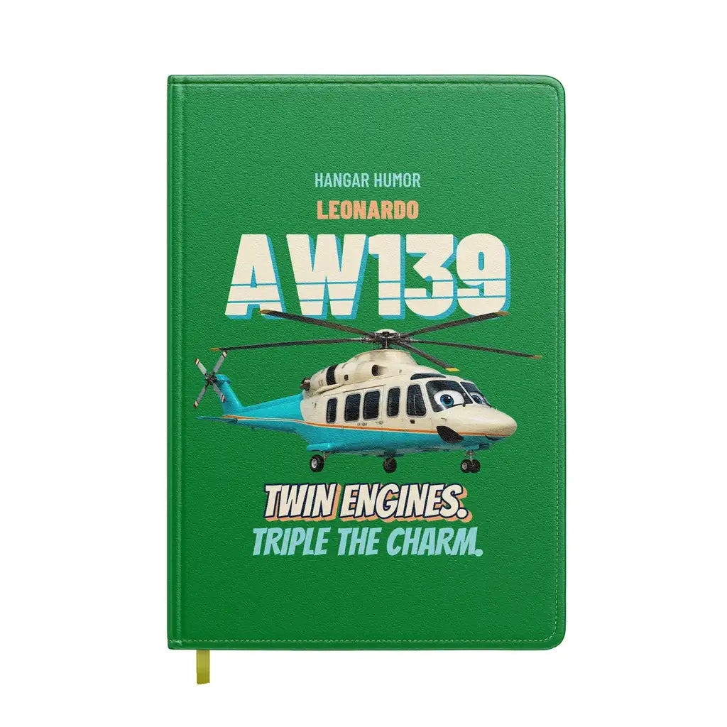 Leonardo AW139 - Twin engines. Triple the charm. design on green notebook