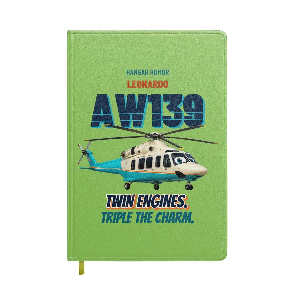 Leonardo AW139 - Twin engines. Triple the charm. design on light green notebook