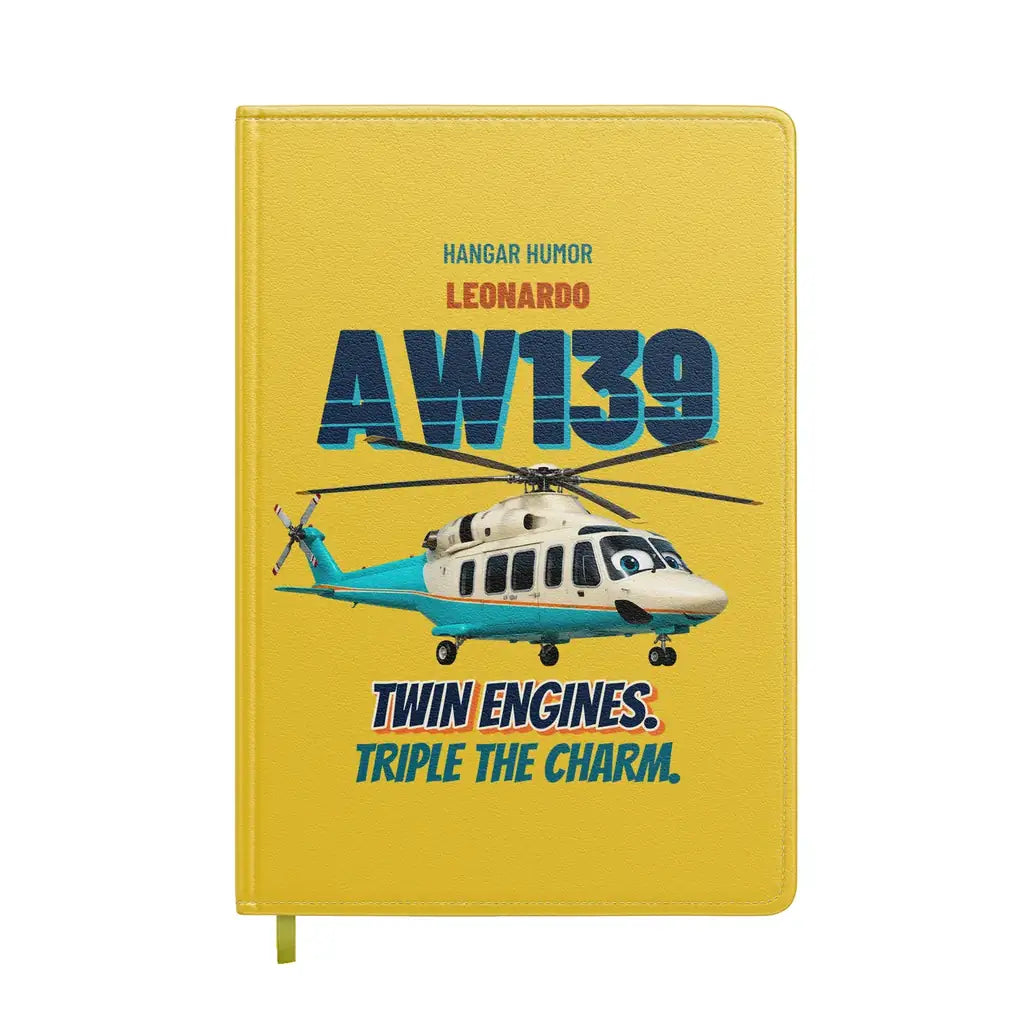 Leonardo AW139 - Twin engines. Triple the charm. design on yellow notebook