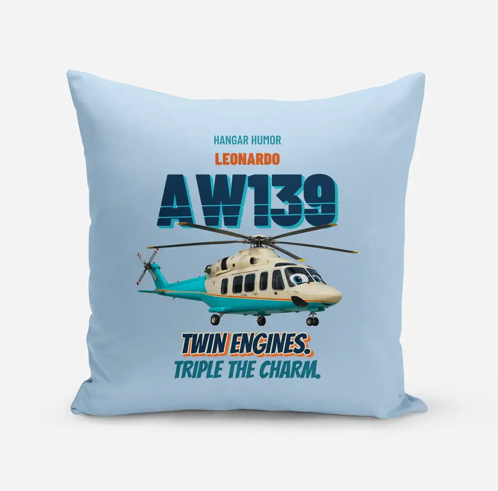 Leonardo AW139 - Twin engines. Triple the charm. design on light blue pillow