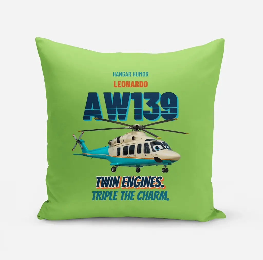 Leonardo AW139 - Twin engines. Triple the charm. design on light green pillow