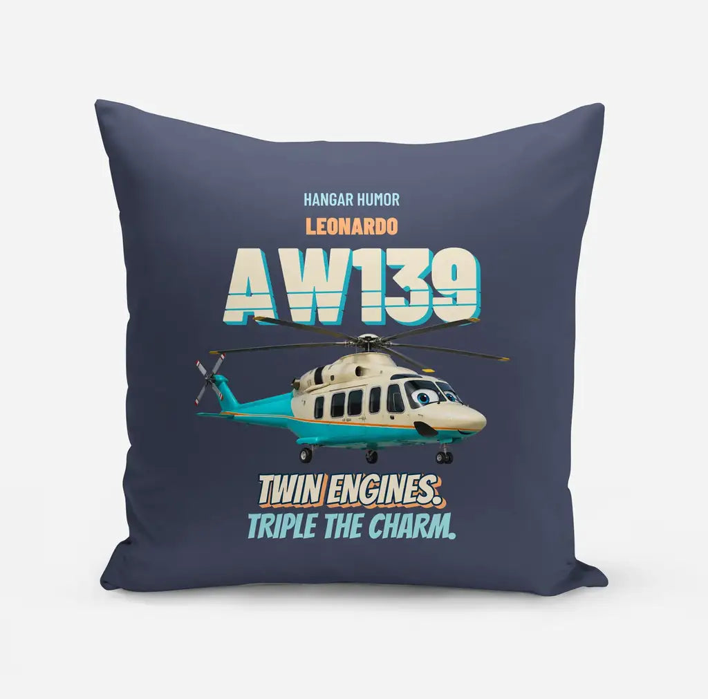 Leonardo AW139 - Twin engines. Triple the charm. design on navy blue pillow