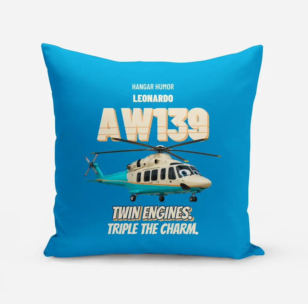 Leonardo AW139 - Twin engines. Triple the charm. design on turquoise pillow