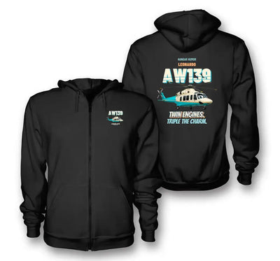 Leonardo AW139 - Twin engines. Triple the charm. design on black zipped hoodie