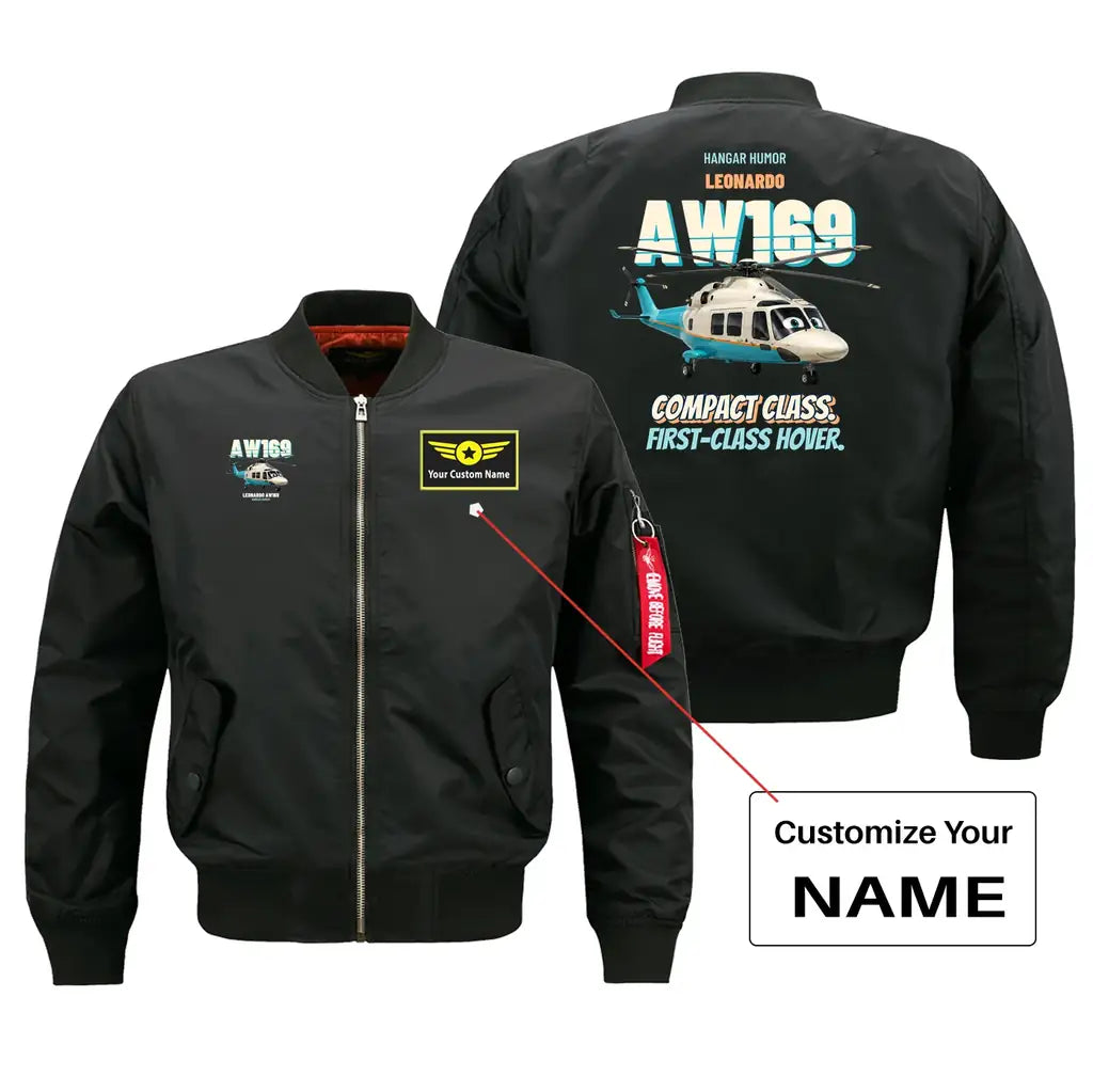 Leonardo AW169 - Compact class. First-class hover. design on black bomber jacket with custom name badge