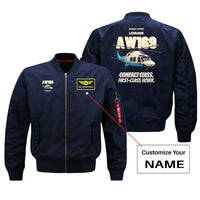 Thumbnail for Leonardo AW169 - Compact class. First-class hover. design on blue bomber jacket with custom name badge