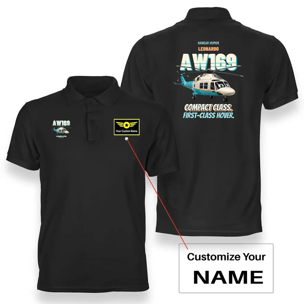 Leonardo AW169 - Compact class. First-class hover. design on black polo t-shirt with custom name badge