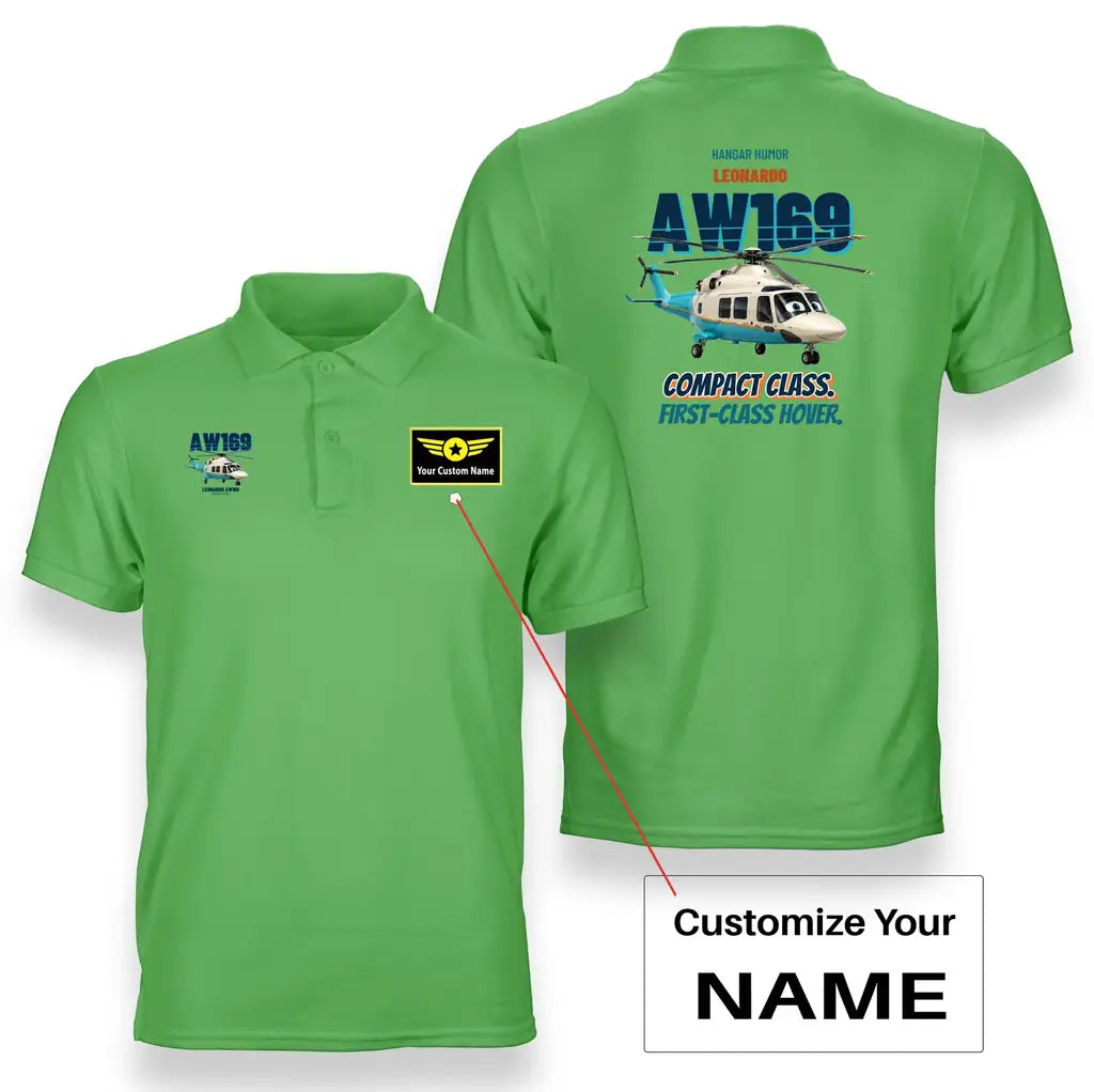 Leonardo AW169 - Compact class. First-class hover. design on light green polo t-shirt with custom name badge