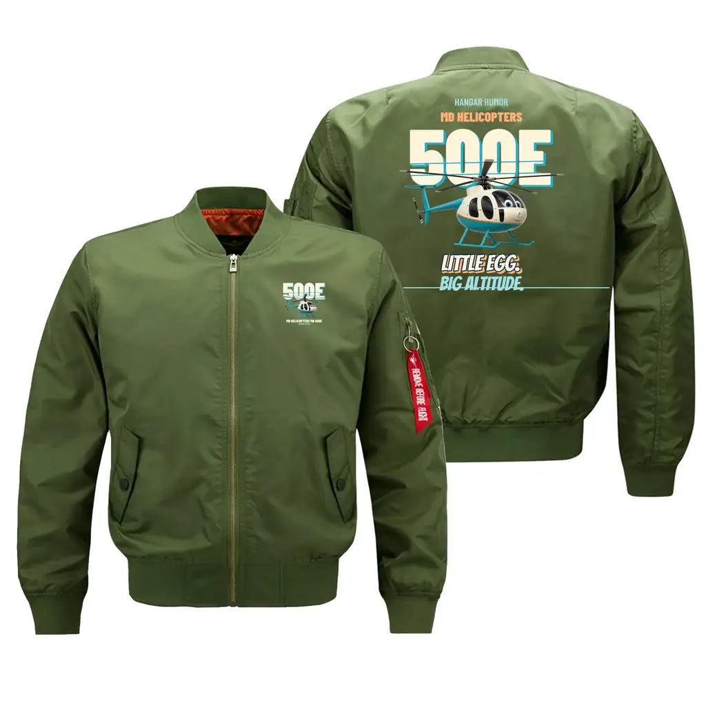 MD Helicopters MD 500E - Little egg. Big altitude. design on green bomber jacket