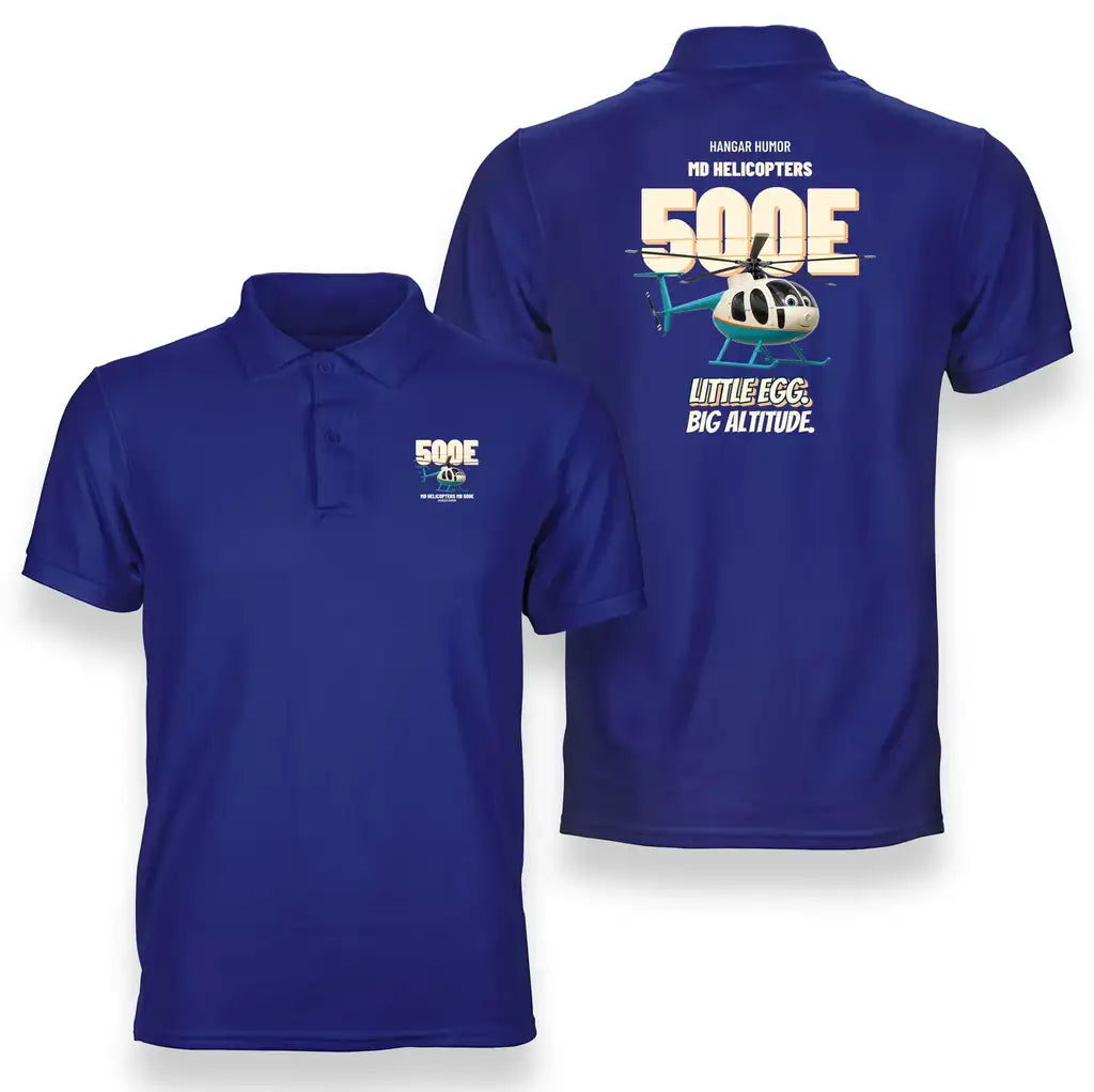 MD Helicopters MD 500E - Little egg. Big altitude. design on blue polo t-shirt