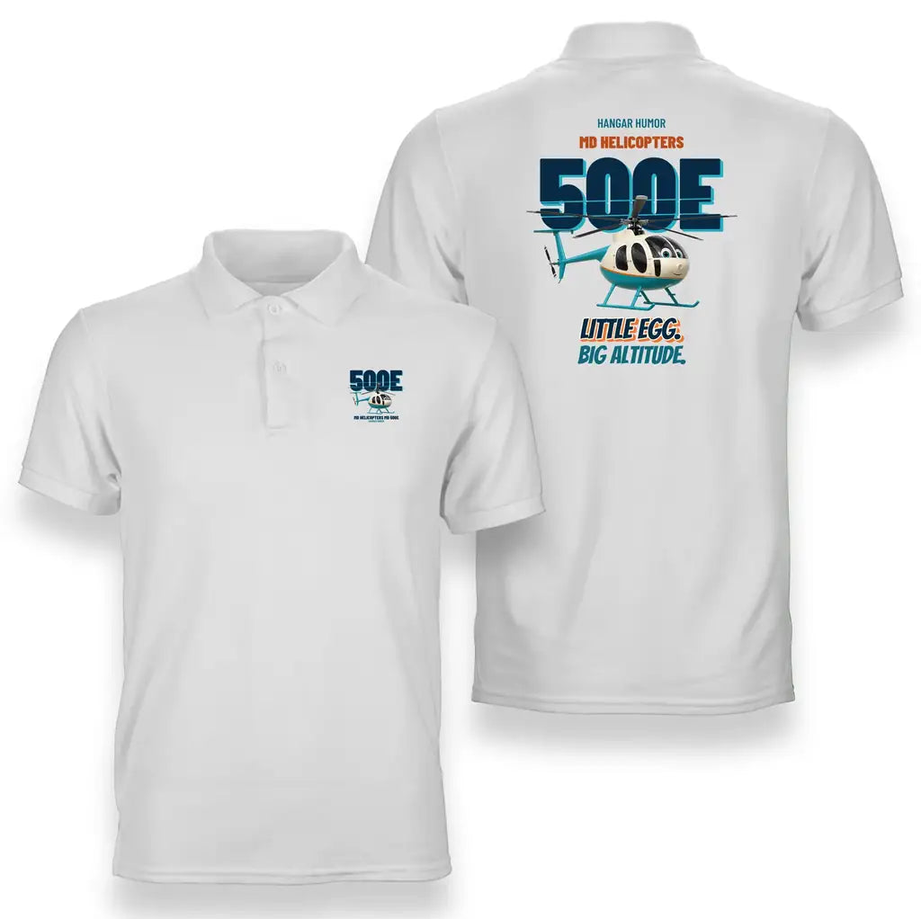MD Helicopters MD 500E - Little egg. Big altitude. design on white polo t-shirt