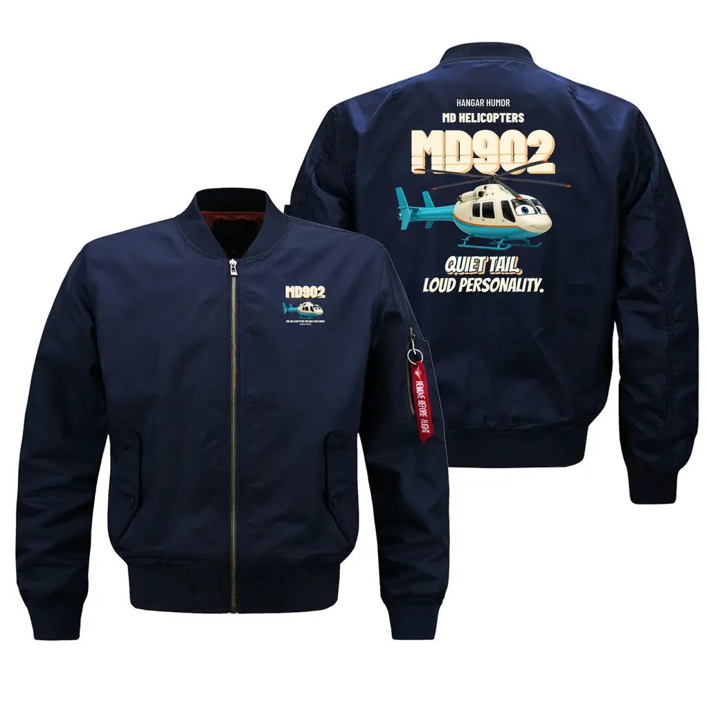 MD Helicopters MD 902 Explorer - Quiet tail. Loud personality. design on blue bomber jacket
