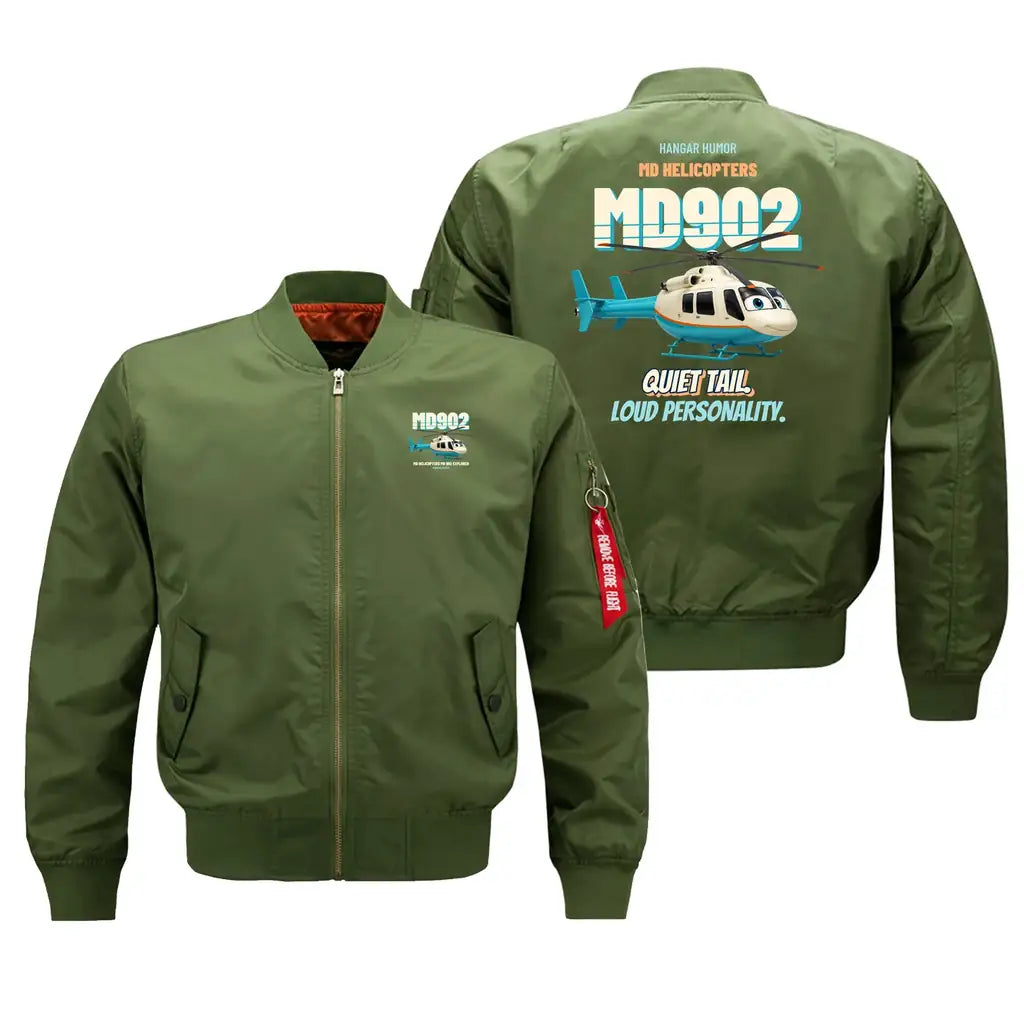 MD Helicopters MD 902 Explorer - Quiet tail. Loud personality. design on green bomber jacket