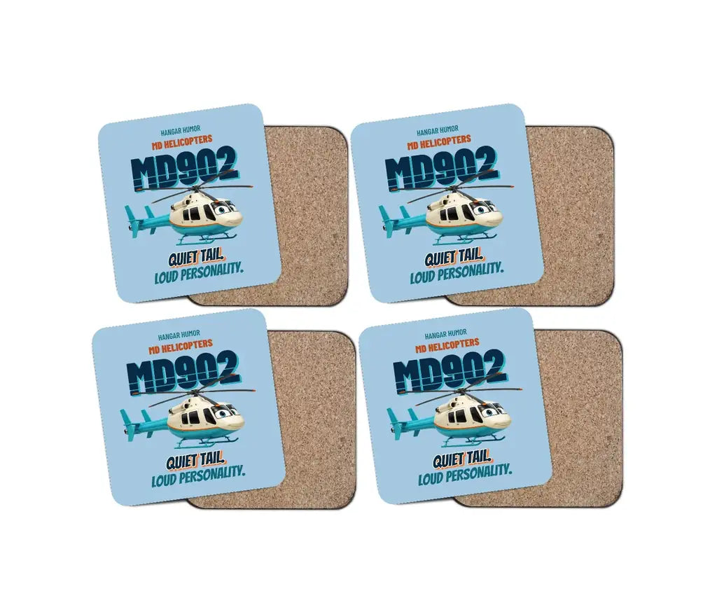 MD Helicopters MD 902 Explorer - Quiet tail. Loud personality. design on light blue 4 pieces set coaster