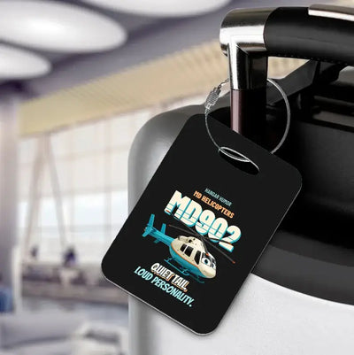 MD Helicopters MD 902 Explorer - Quiet tail. Loud personality. design on black luggage tag