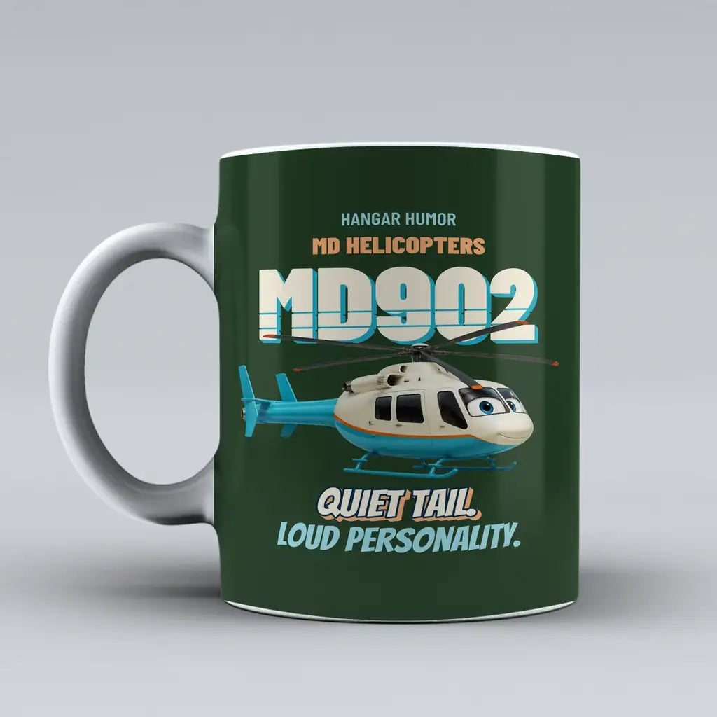 MD Helicopters MD 902 Explorer - Quiet tail. Loud personality. design on dark green ceramic mug