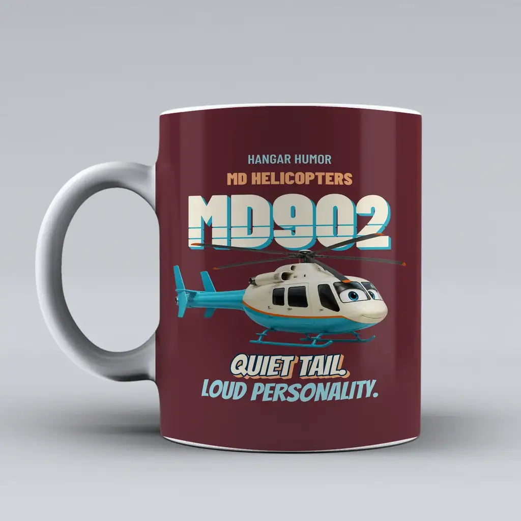 MD Helicopters MD 902 Explorer - Quiet tail. Loud personality. design on dark red ceramic mug