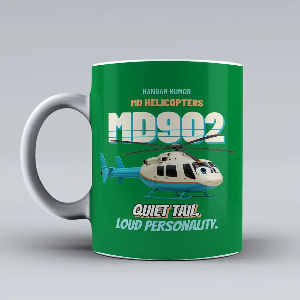 MD Helicopters MD 902 Explorer - Quiet tail. Loud personality. design on green ceramic mug