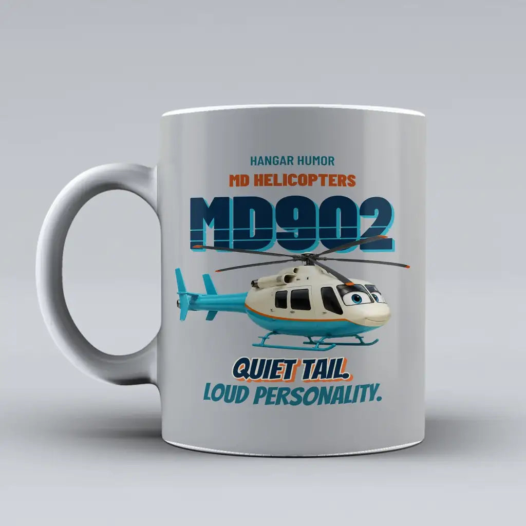 MD Helicopters MD 902 Explorer - Quiet tail. Loud personality. design on light gray ceramic mug