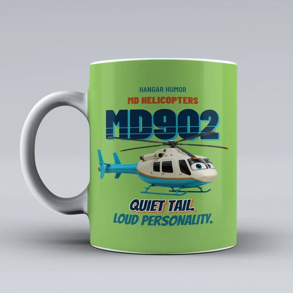 MD Helicopters MD 902 Explorer - Quiet tail. Loud personality. design on light green ceramic mug